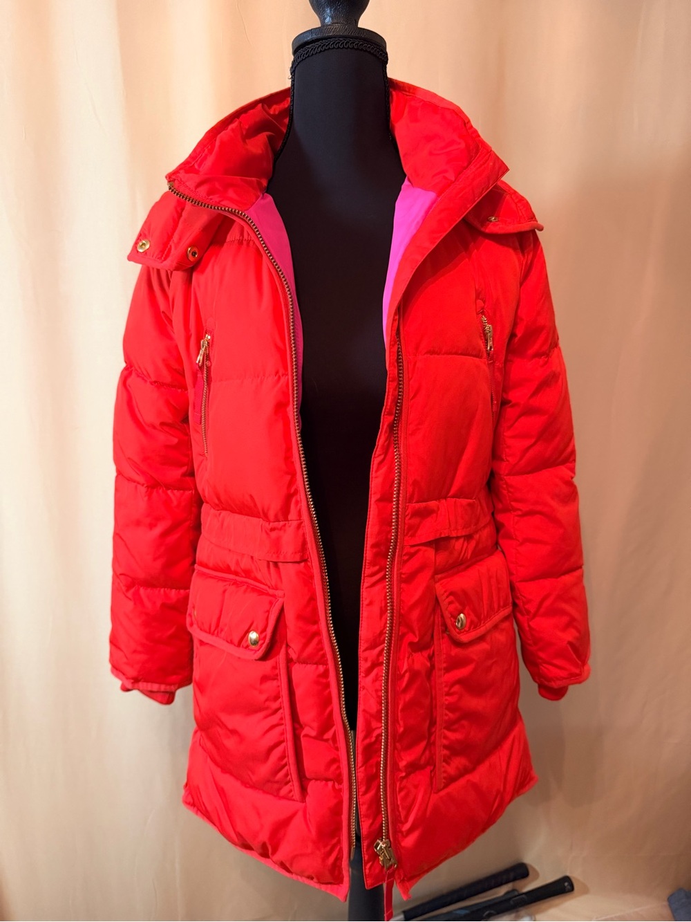 J. Crew Red Women's Quilted Puffer Coat with Hood